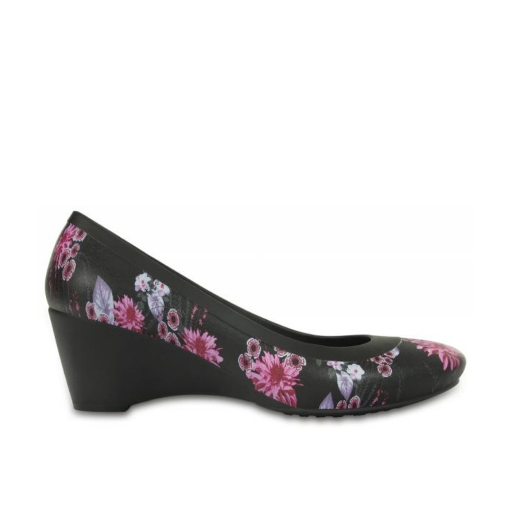 CROCS Black Wedge Pumps with Pink Floral Print